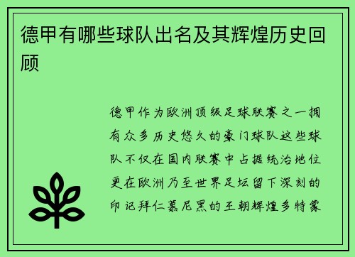 德甲有哪些球队出名及其辉煌历史回顾